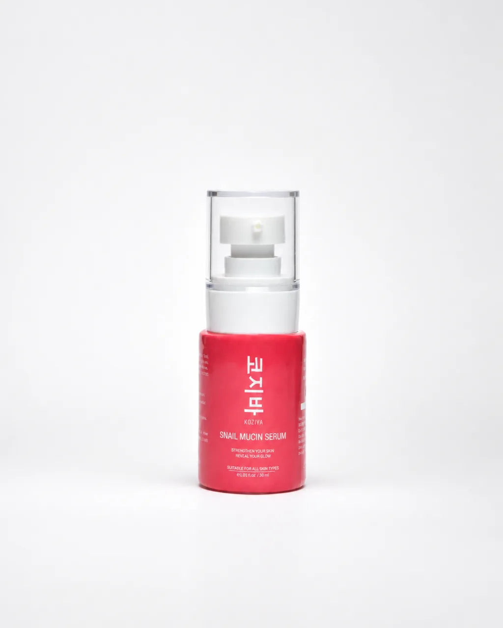 Koziva snail mucin serum, a red 30 ml pump bottle with a clear cap, on white